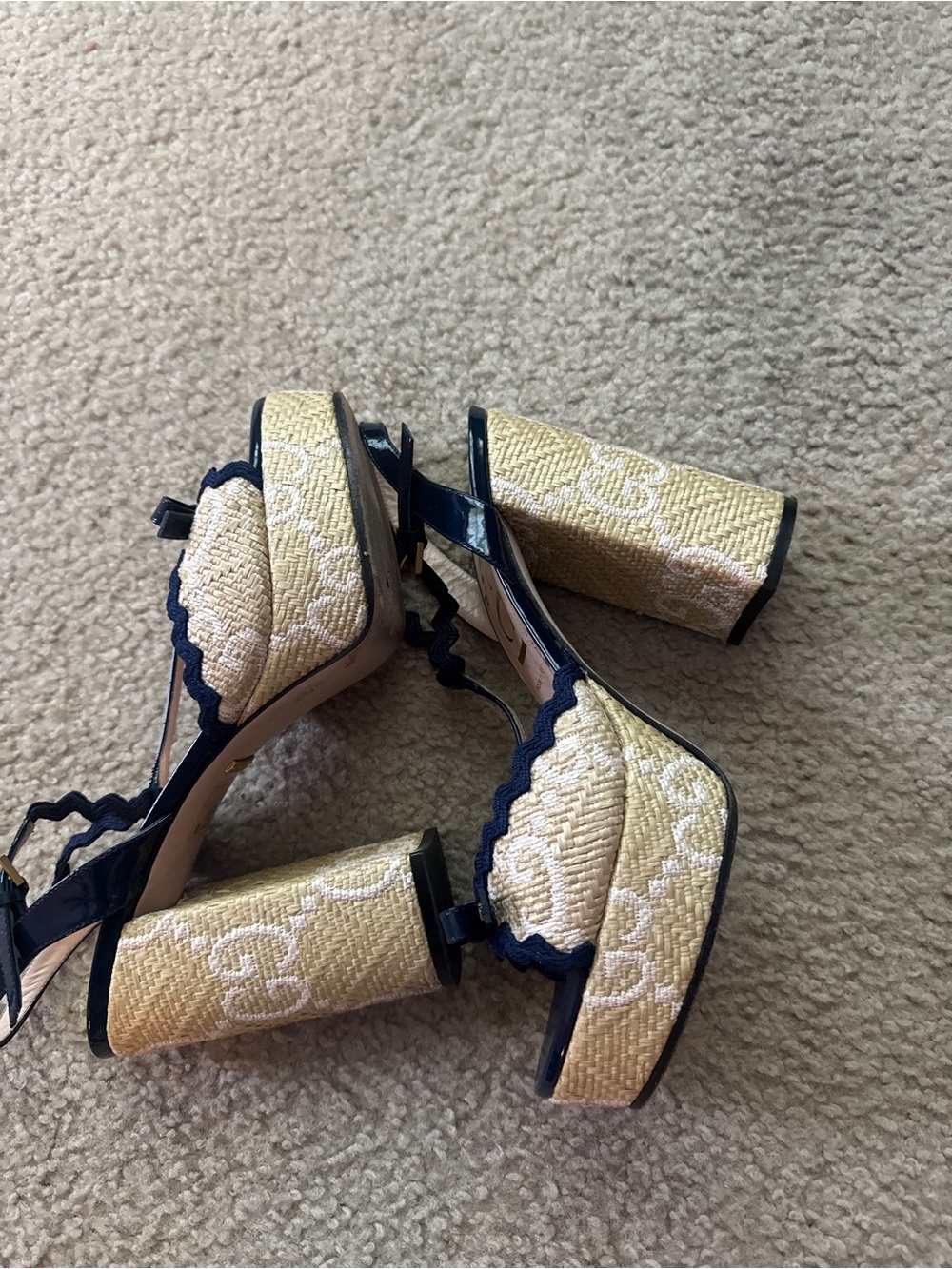 Gucci Beige Woven Platform Heels with Navy Trim